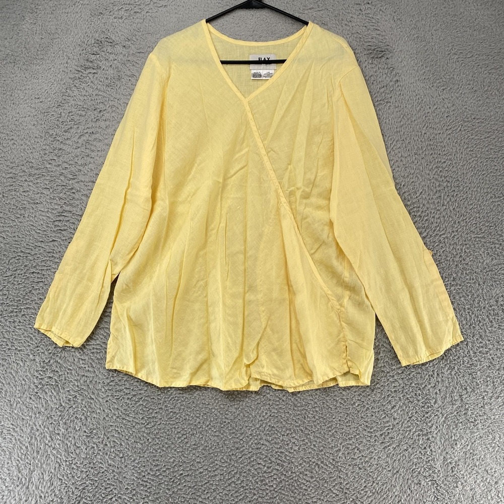 Flax By Jeanne‎ Engelhart Tunic Top Womens Medium Yellow Linen V Neck Relaxed